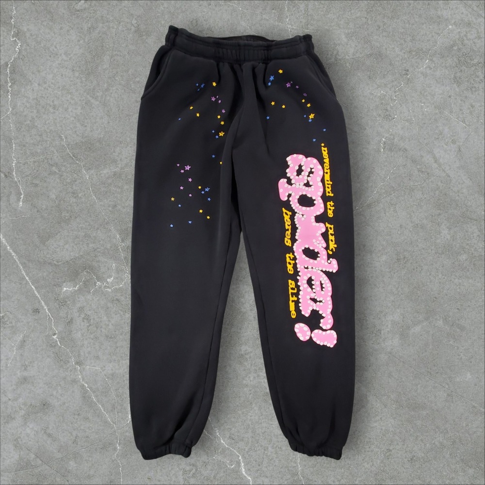 Sp5der Worldwide Sweatpants Mens Small Black Star Graphic Puff Print Joggers